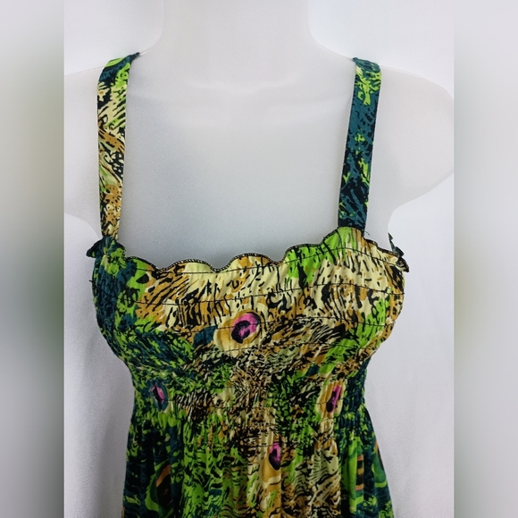 Artsy Vacation Elegant Boho Dopamine Green Peacock Print Summer‎ Dress (#640) - Picture 3 of 9
